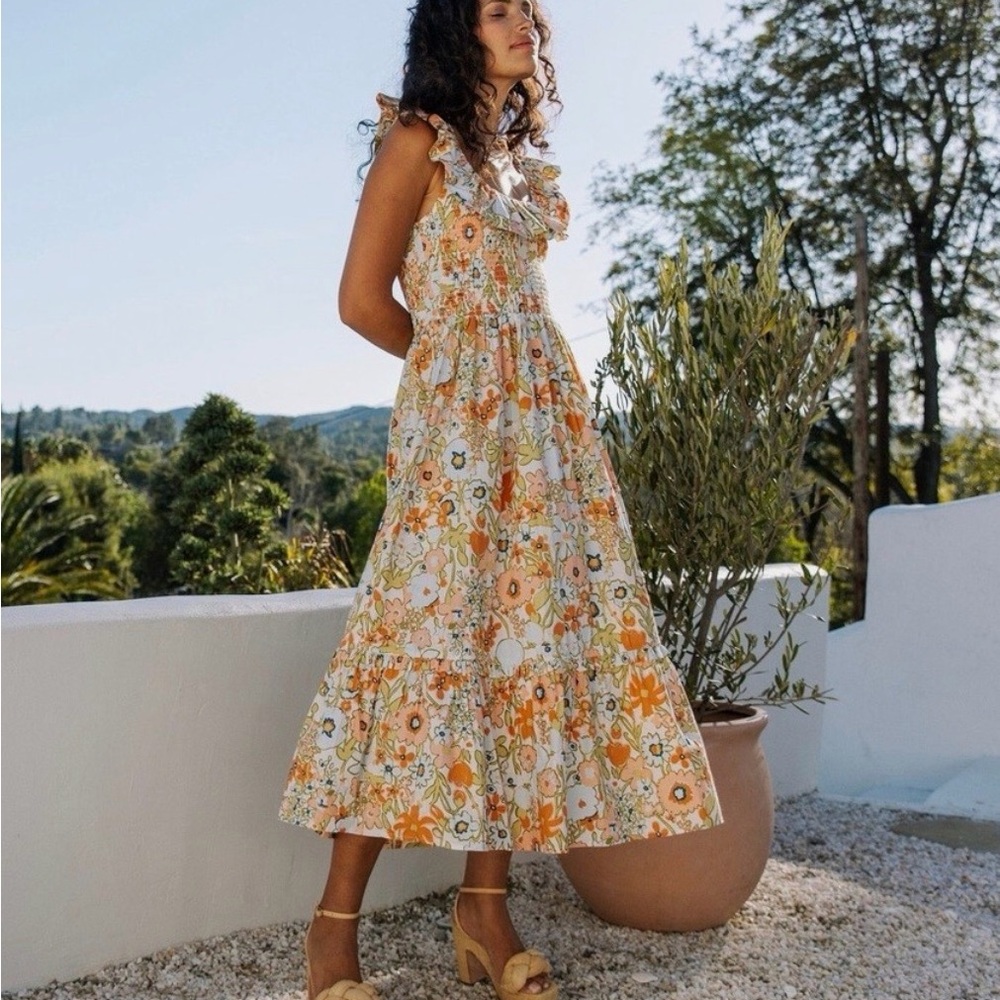 Cleobella Orange and Cream Floral Maxi Dress XS